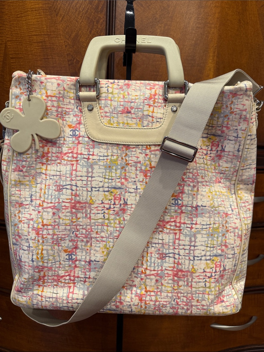 CHANEL Multicolor Printed Canvas Tote with Cream Leather Trim and Strap